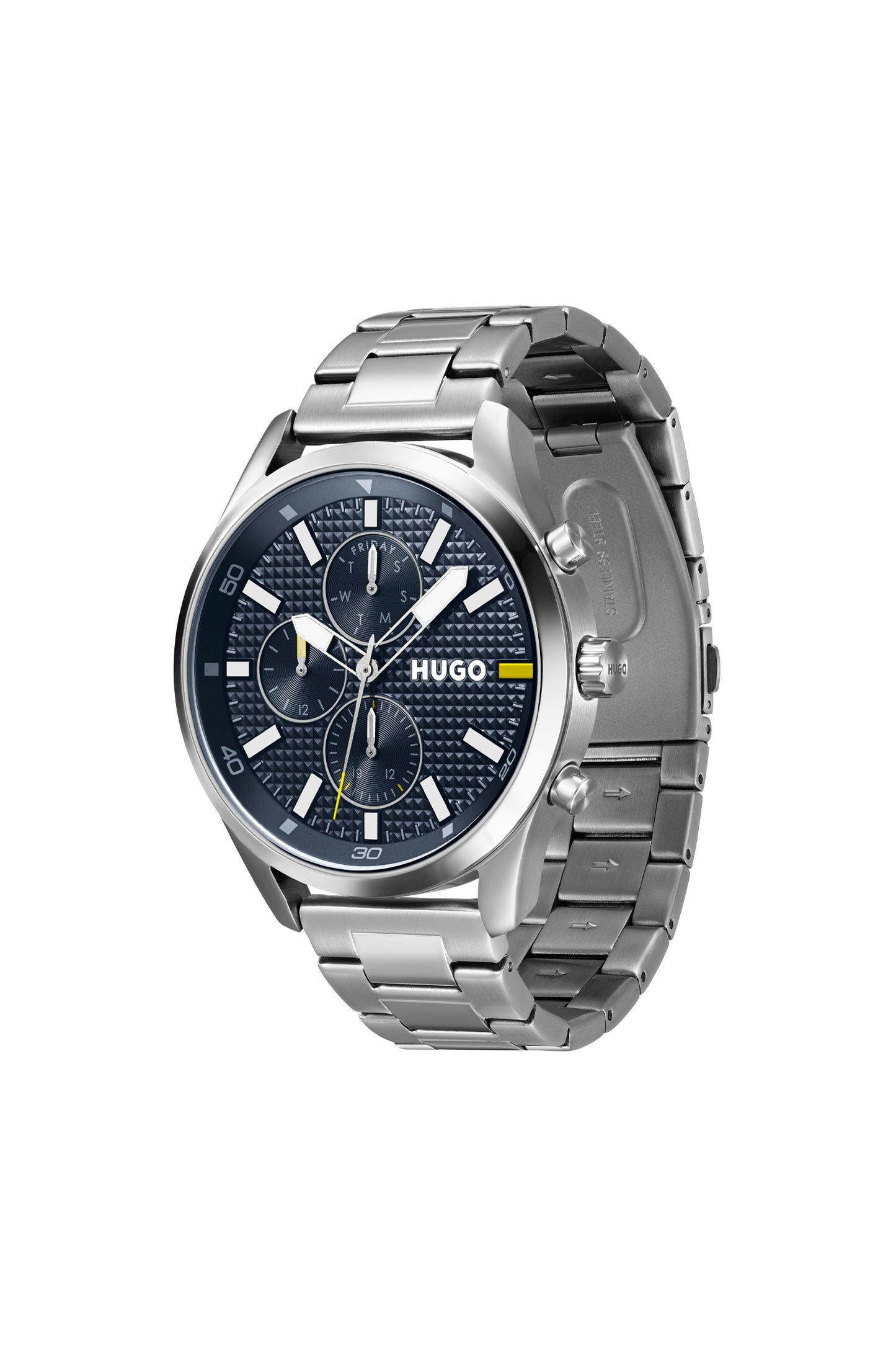 Hugo 1530163 watch for man with a blue dial and stainless steel strap.