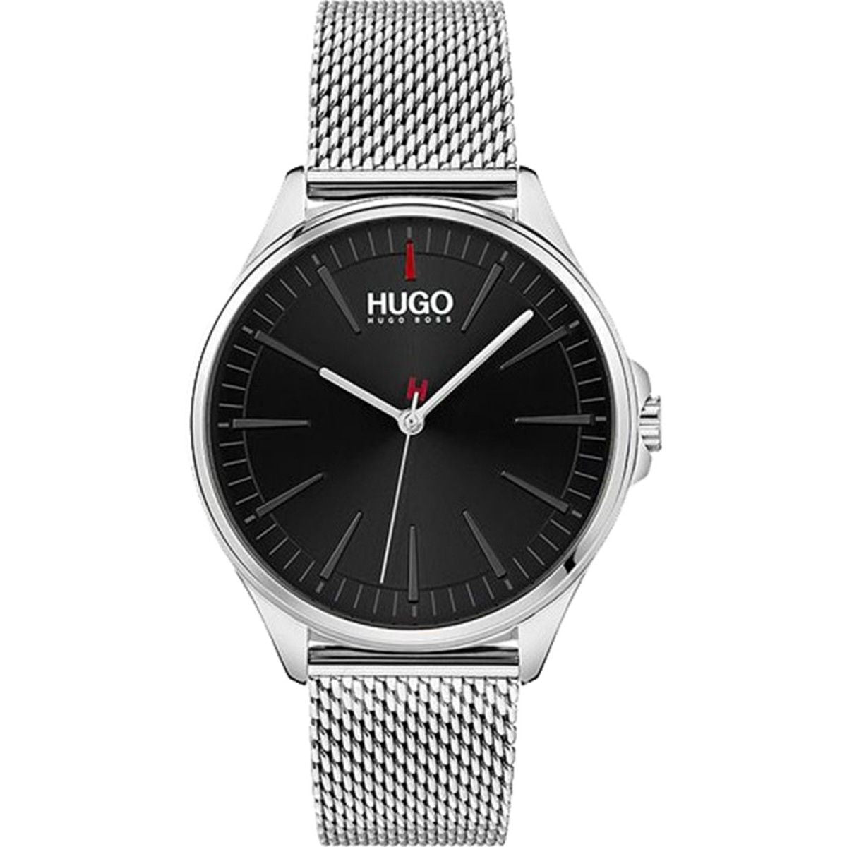 Hugo 1530203 watch for man with a black dial and stainless steel strap.