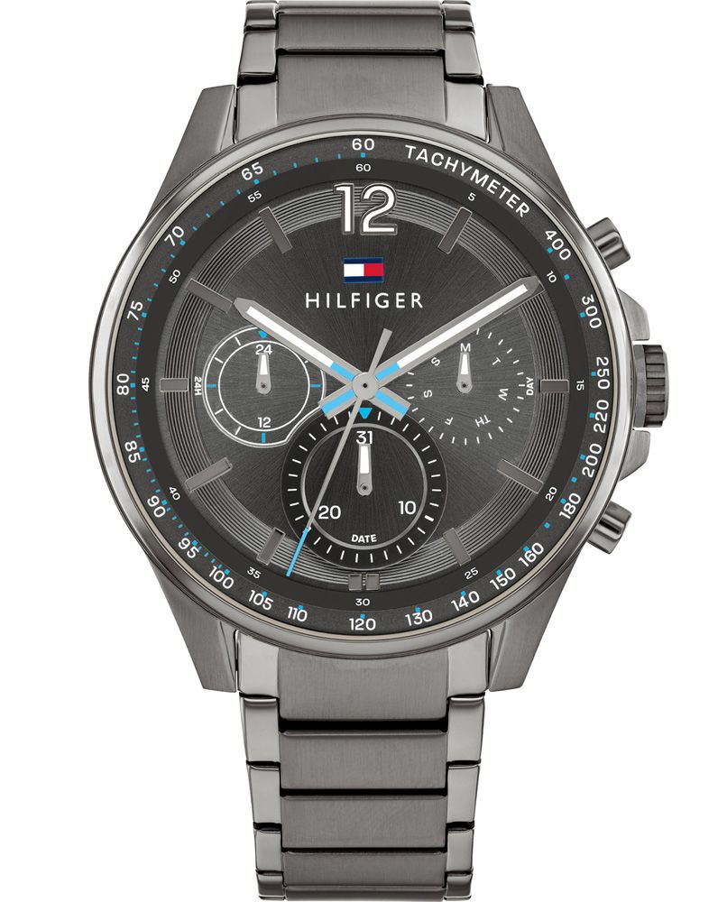 Tommy Hilfiger 1791975 watch for man with a black dial and steel strap.
