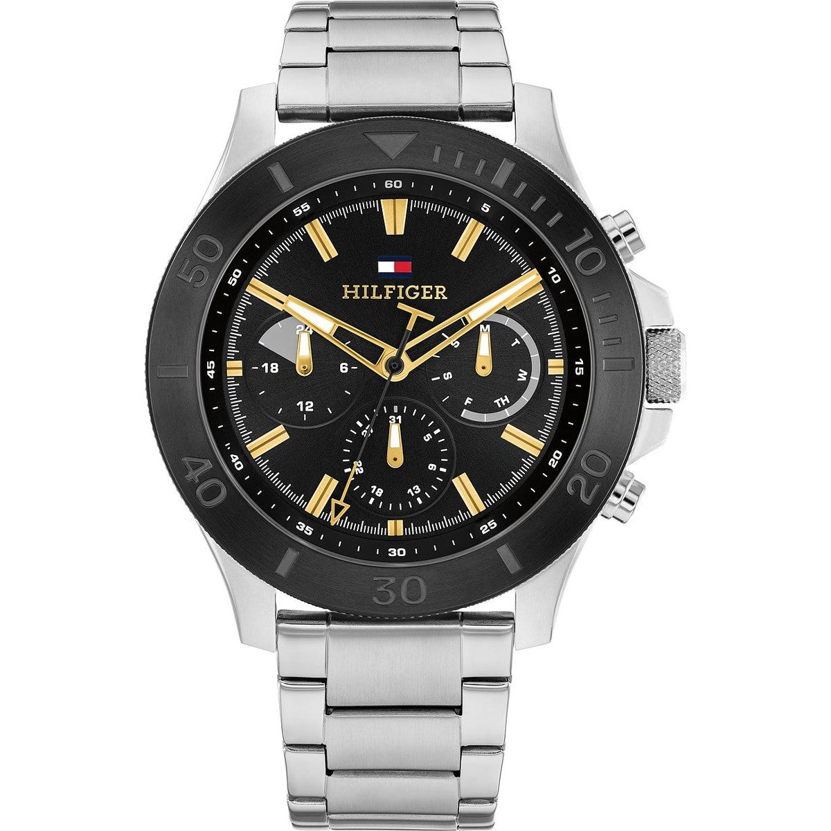 Tommy Hilfiger 1792114 watch for man with a black dial and stainless steel strap.