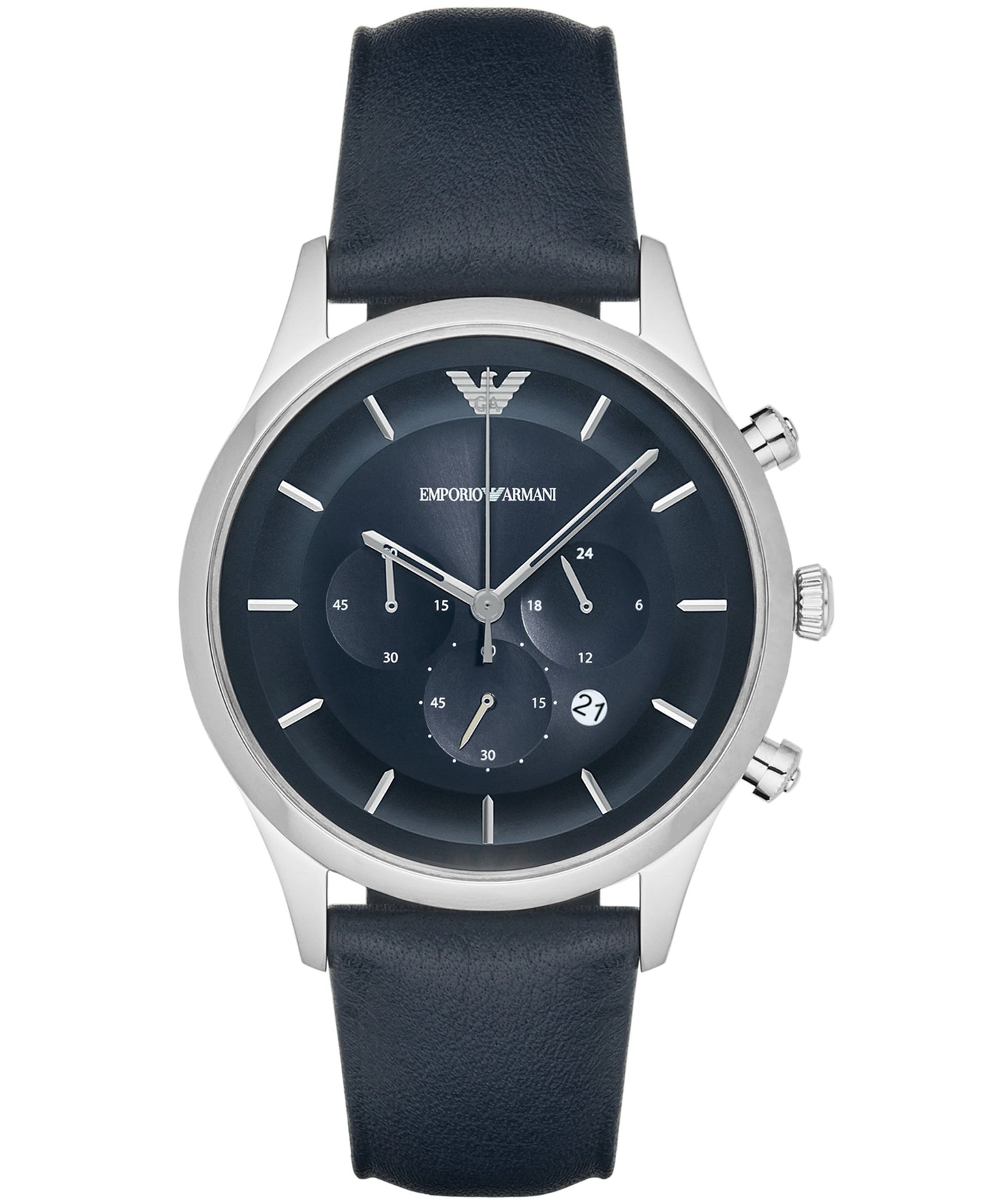 Armani AR11018 watch for man with a blue dial and fur strap.