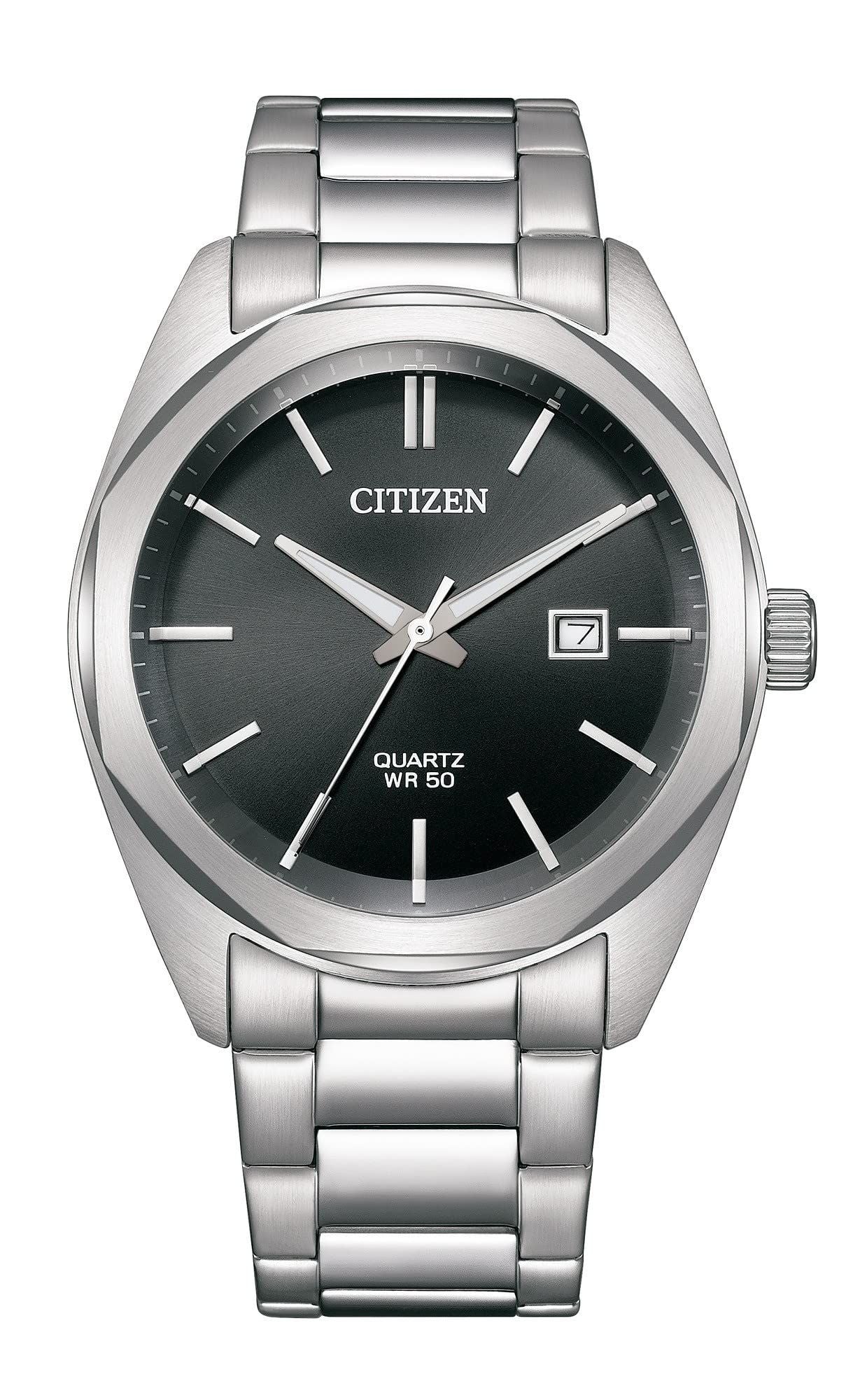 Citizen BI5110-54E watch for man with a black dial and stainless steel strap.