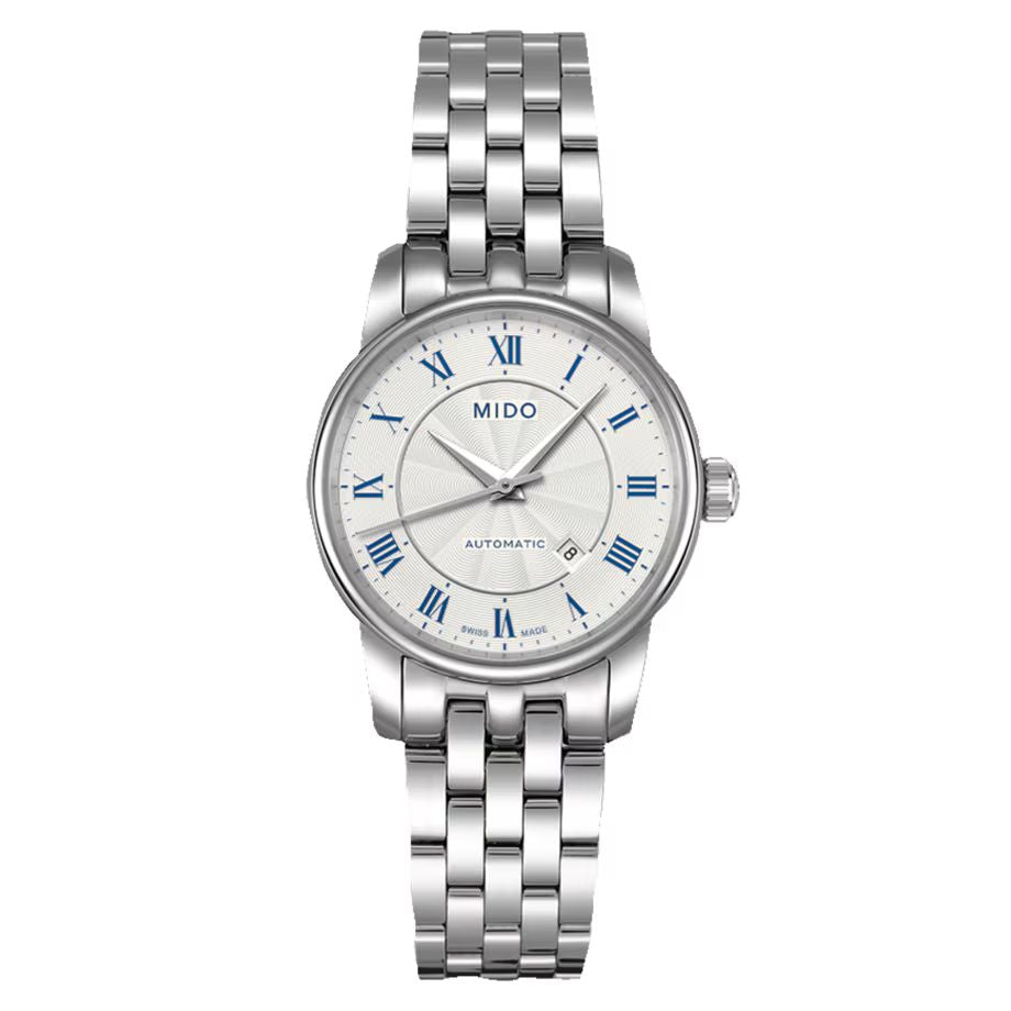 Mido M76004211 watch for woman with a white dial and stainless steel strap.
