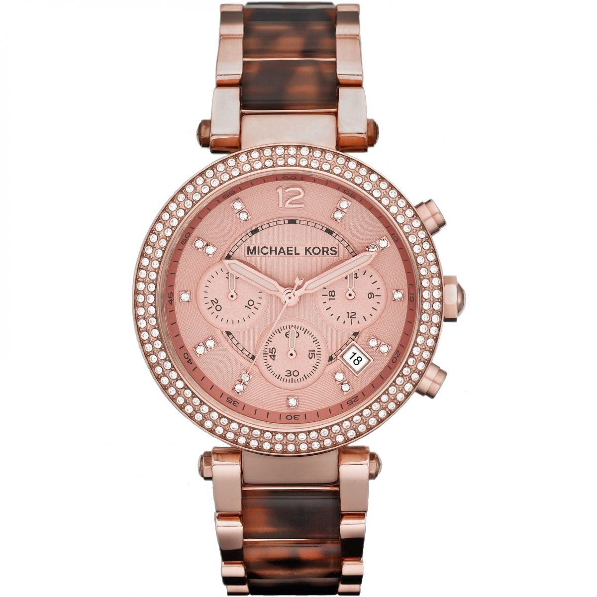 Michael Kors MK5538 watch for woman with a rose gold/ tortoiseshell dial and steel strap.