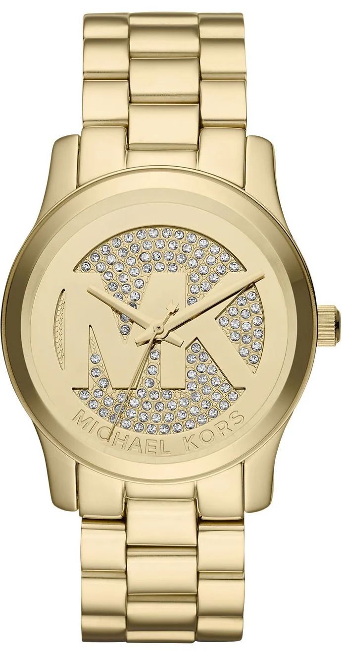 Michael Kors MK5852 watch for women with a golden dial and stainless steel strap.