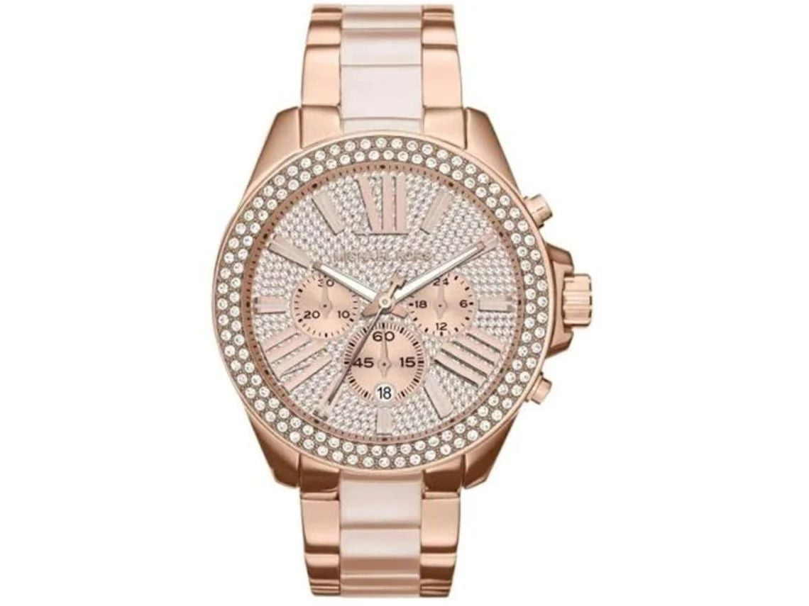 Michael Kors MK6096 watch for women with a pink dial and stainless steel strap.