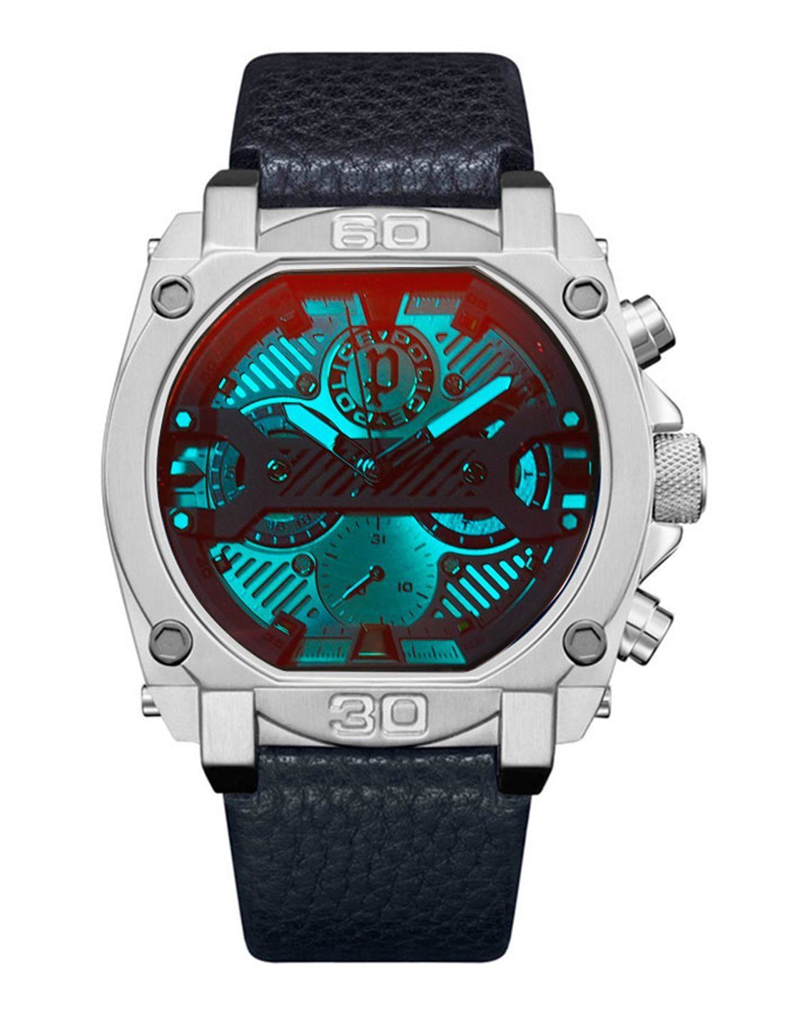 Police PEWJF2226802 watch for man with a multicolored dial and leather strap.