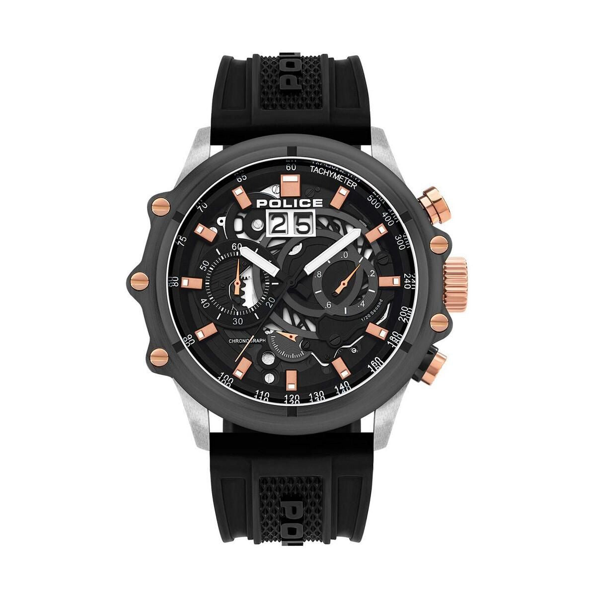 Police PL.16018JSTU-13P watch for man with a black dial and silicone strap.