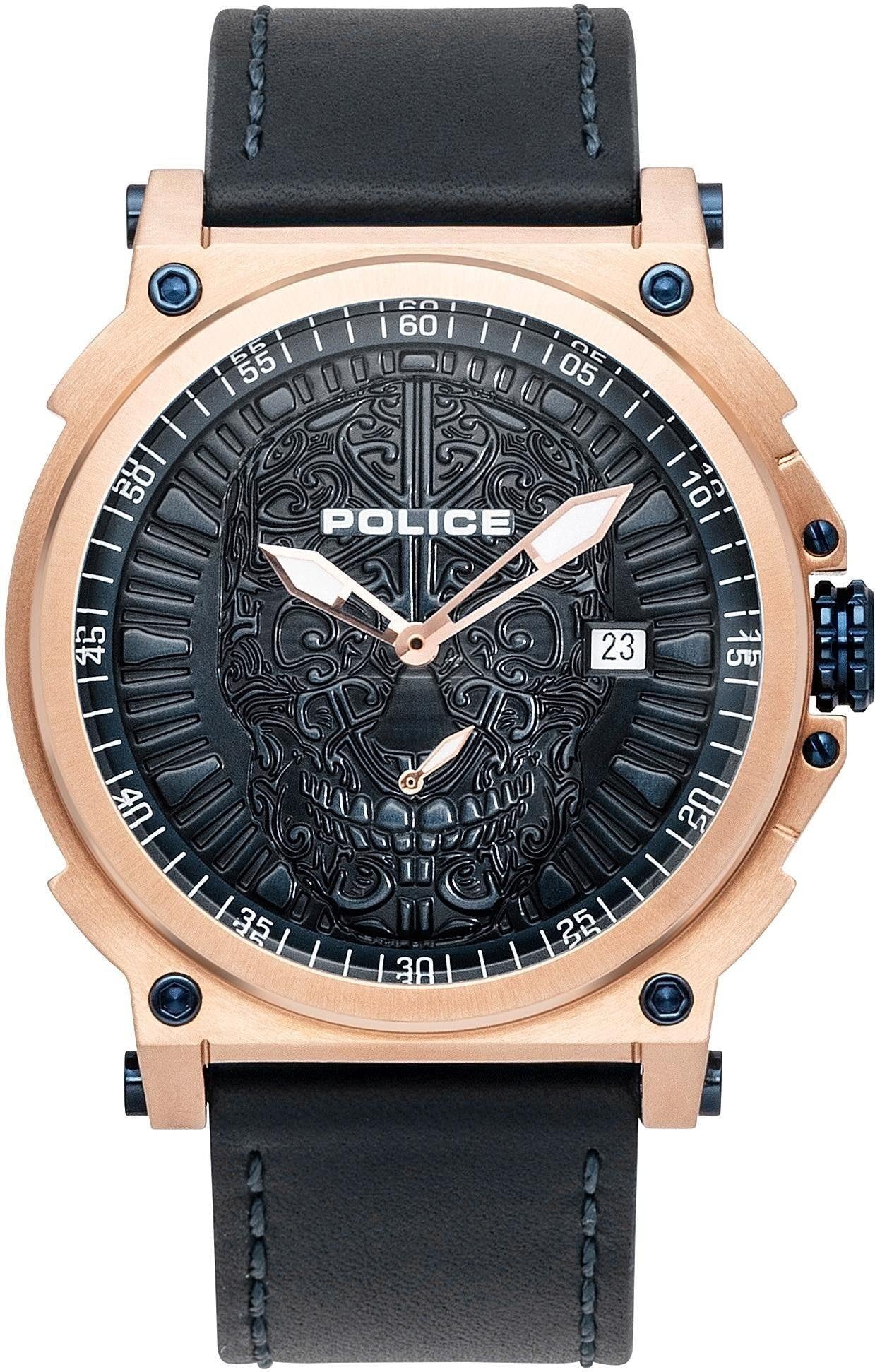 Police PL15728JSR.03 watch for man with a black dial and leather strap.