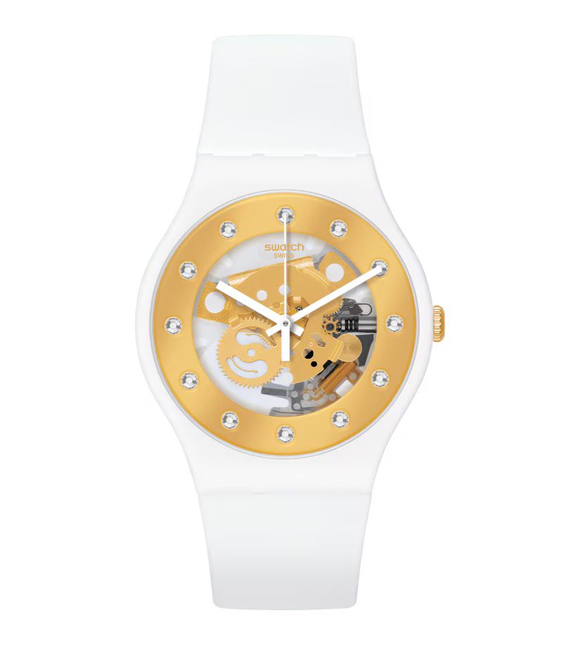 Swatch SUOZ148 watch for woman with a white dial and plastic strap.