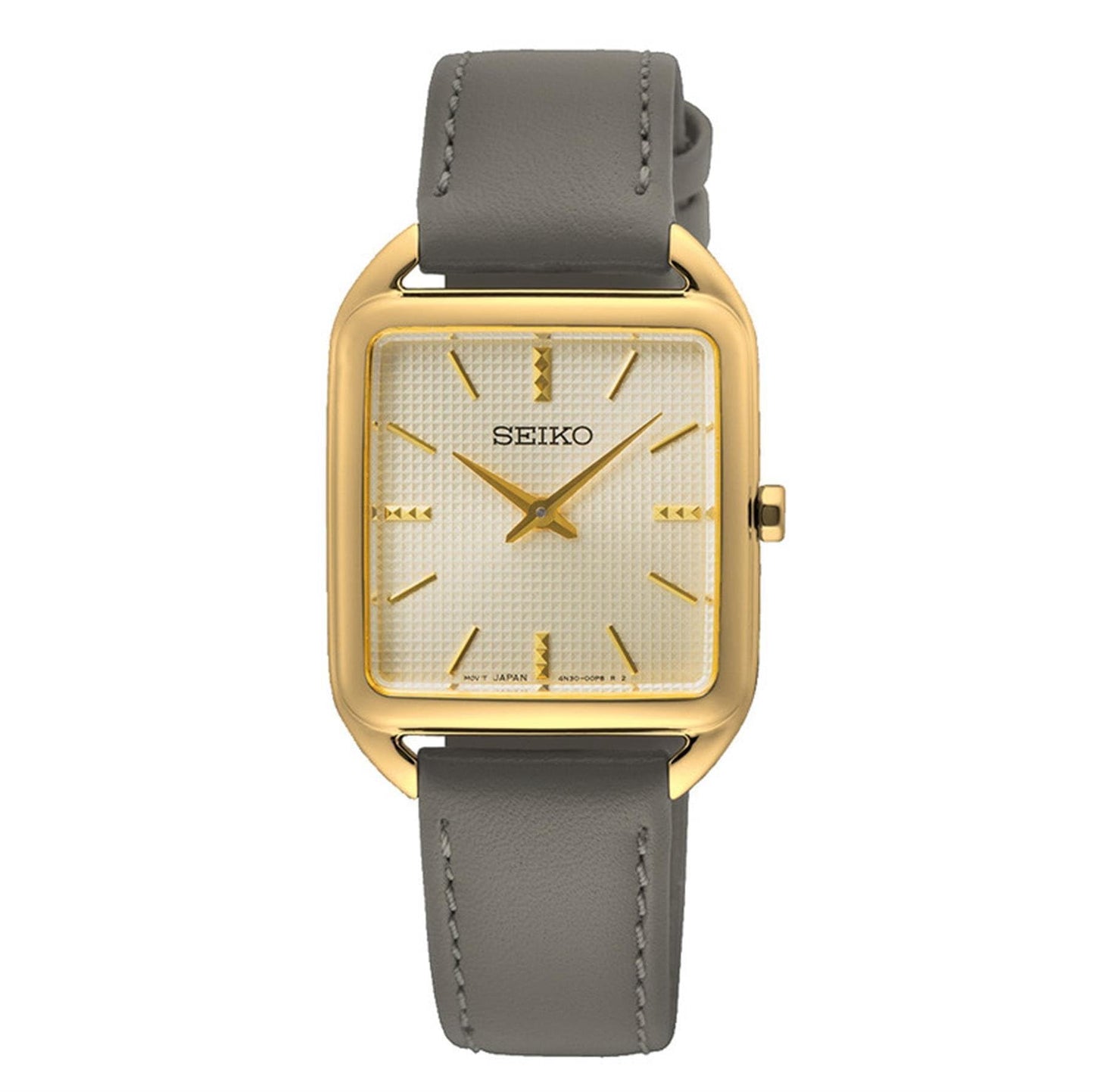 Seiko SWR090P1 watch for women with a golden dial and leather strap.