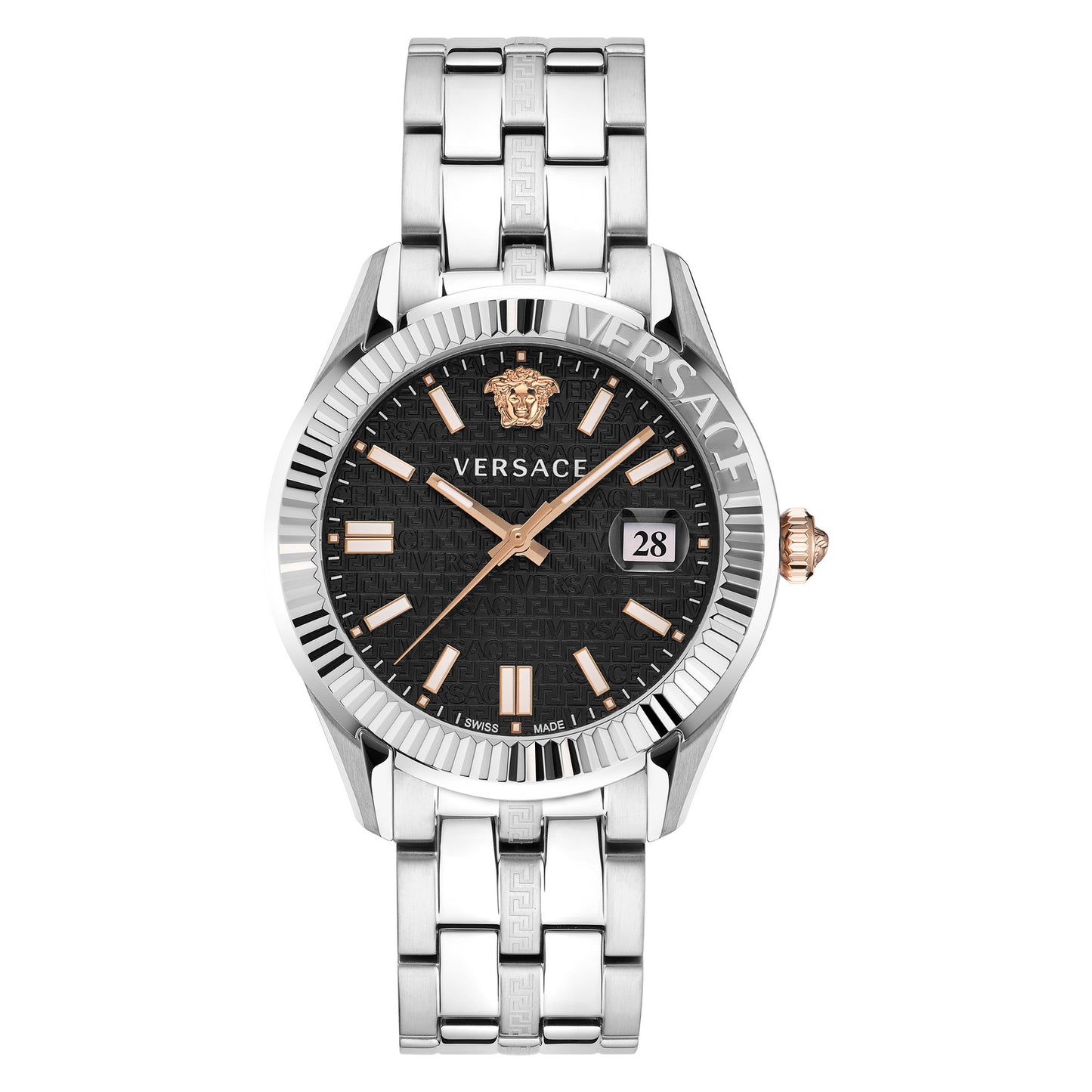Versace VE3K00322 watch for women with a black dial and stainless steel strap.