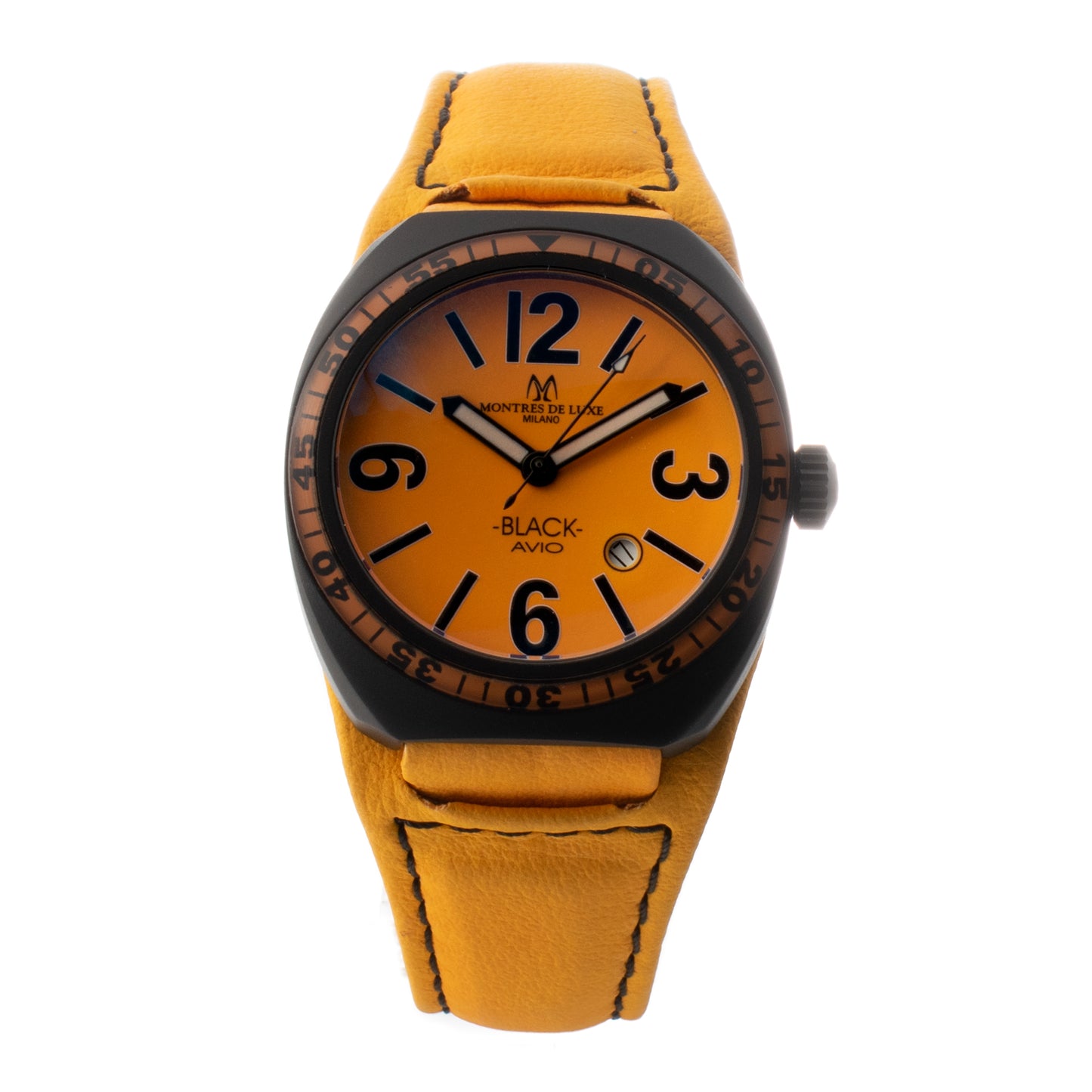 Montres De Luxe 09BK-2502 watch for unisex with a orange dial and leather strap.