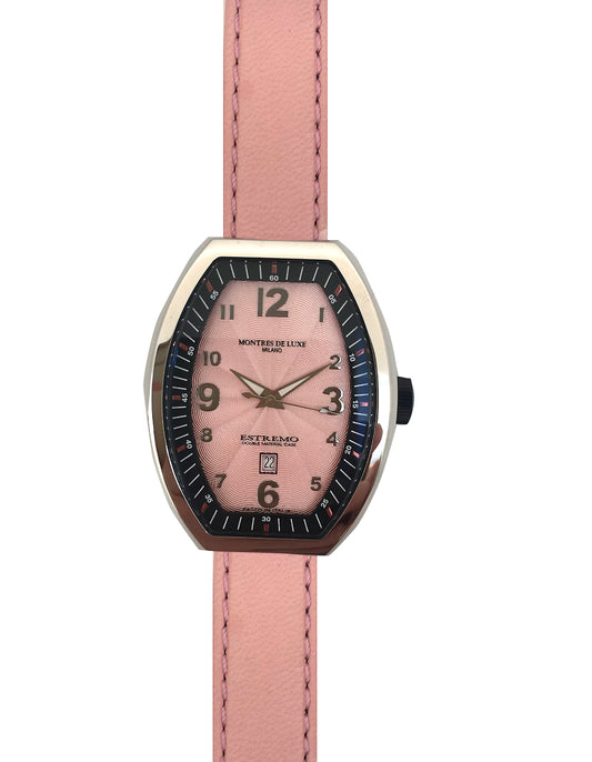 Montres De Luxe 09EX-L/A8303 watch for woman with a pink dial and leather strap.
