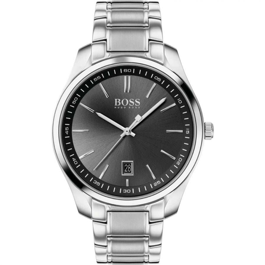 Boss 1513730 watch for man with a black dial and stainless steel strap.