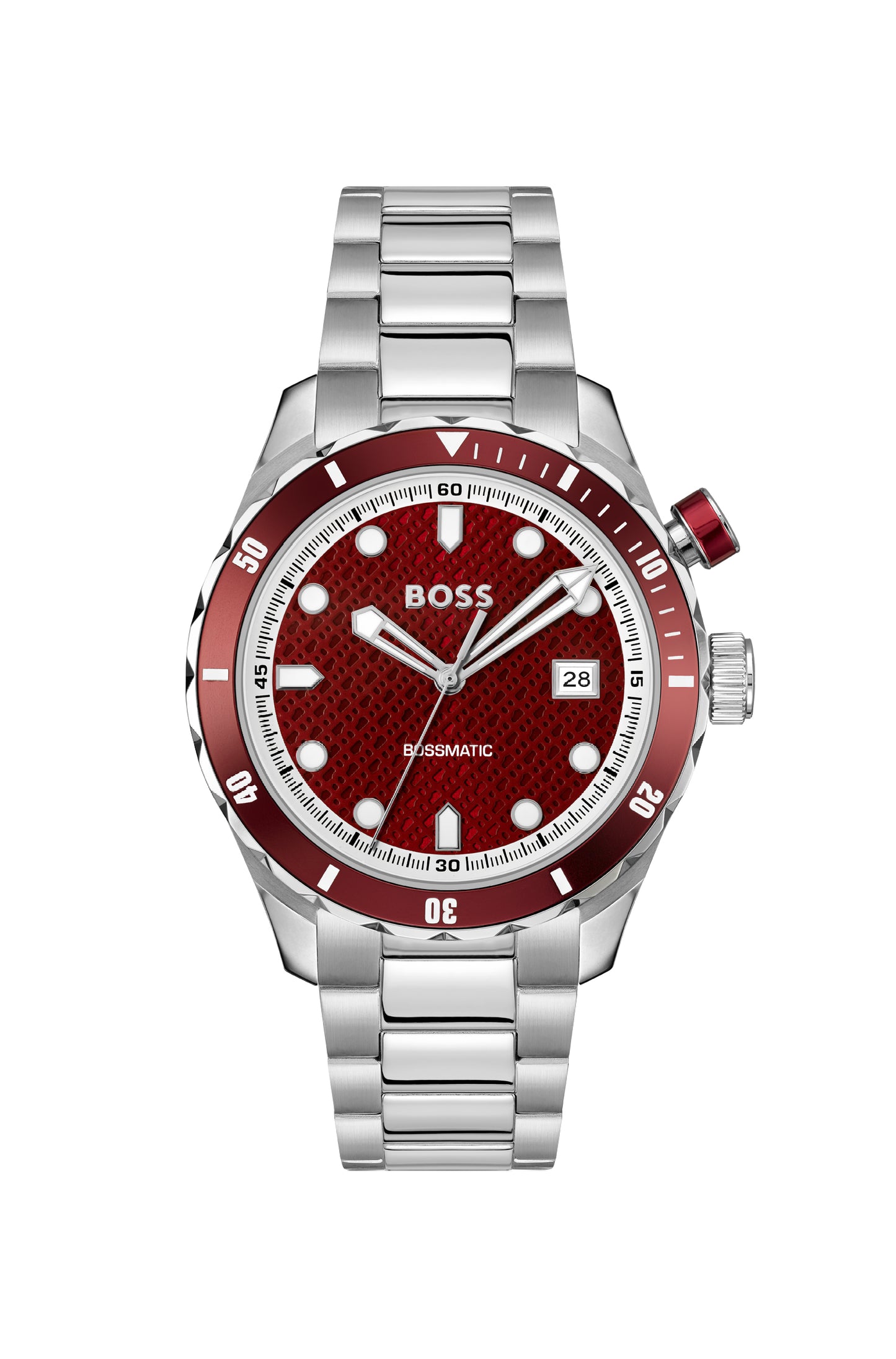 Boss 1514179 watch for man with a red dial and stainless steel strap.