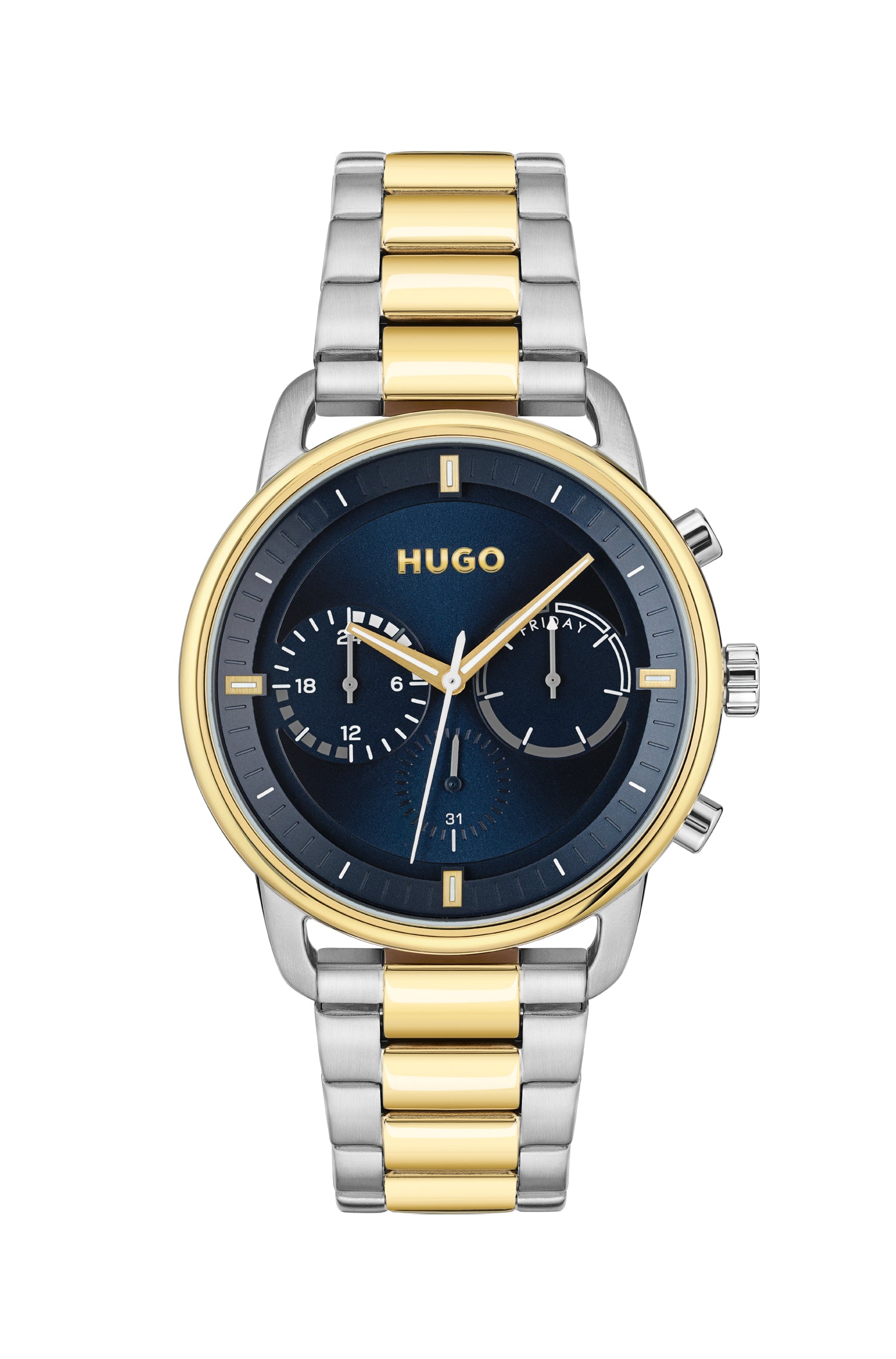 Hugo 1530235 watch for man with a blue dial and stainless steel strap.