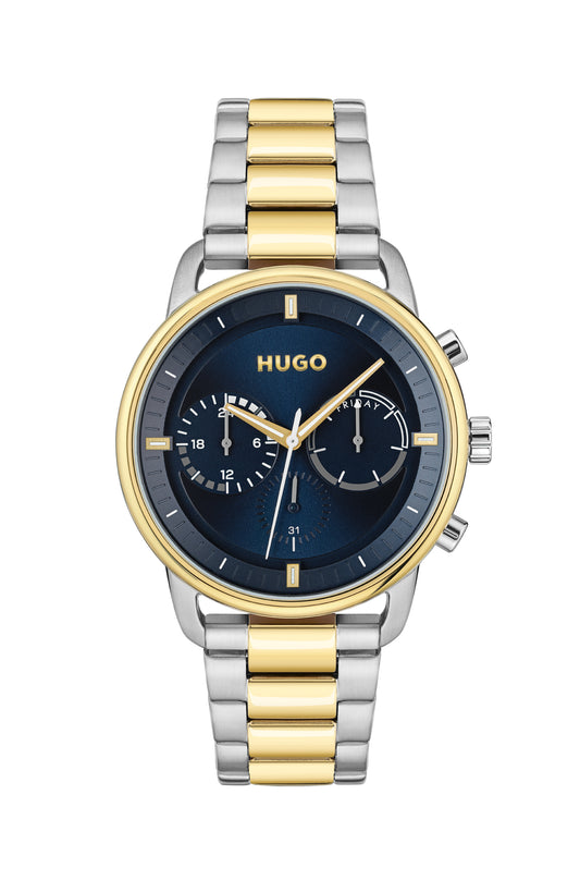 Hugo 1530235 watch for man with a blue dial and stainless steel strap.