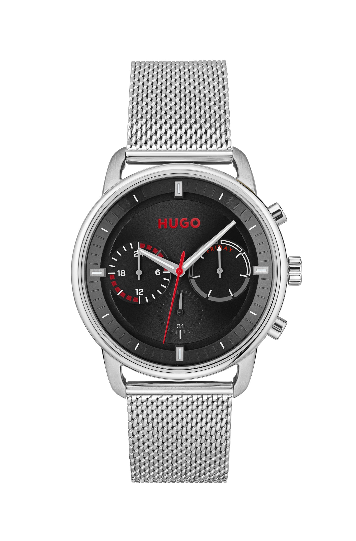 Hugo 1530236 watch for man with a black dial and stainless steel strap.