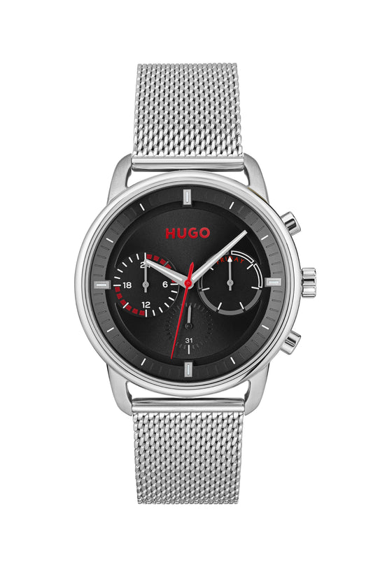 Hugo 1530236 watch for man with a black dial and stainless steel strap.