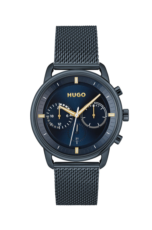 Hugo 1530237 watch for man with a blue dial and stainless steel strap.