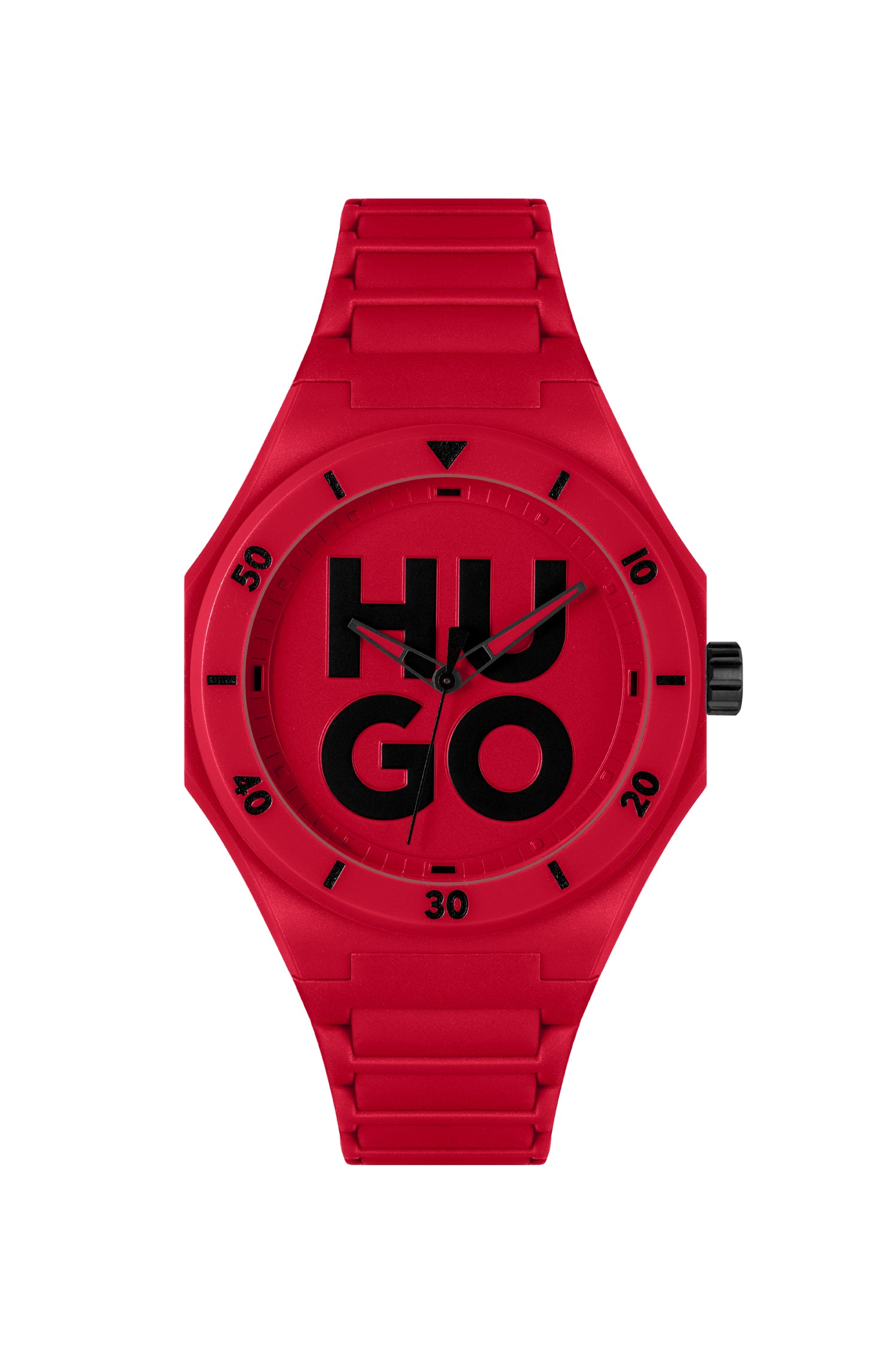 Hugo 1530328 watch for man with a red dial and resin strap.