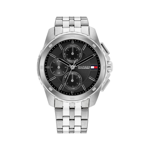 Tommy Hilfiger 1710620 watch for man with a black dial and stainless steel strap.