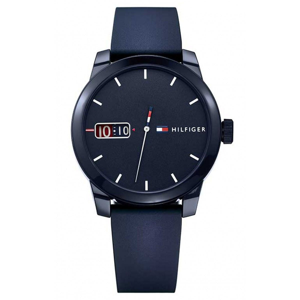 Tommy Hilfiger 1791381 watch for man with a blue dial and silicone strap.