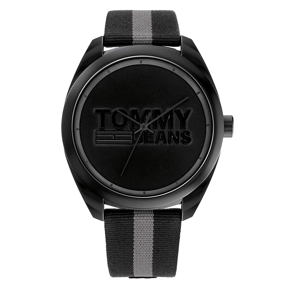 Tommy Hilfiger 1792039 watch for man with a black dial and fabric strap.
