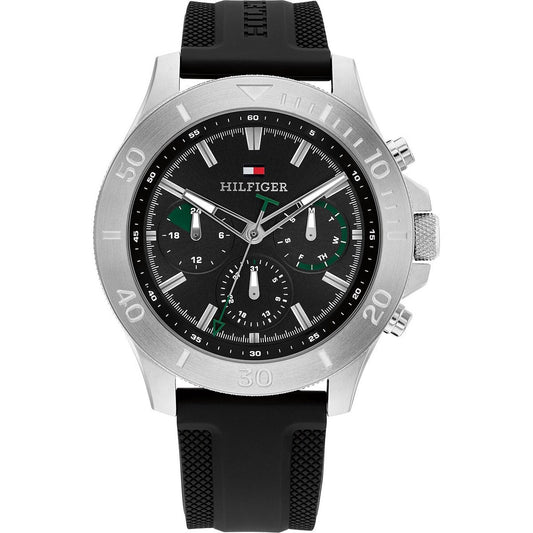 Tommy Hilfiger 1792111 watch for man with a black dial and rubber strap.