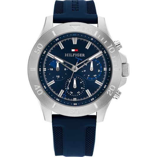 Tommy Hilfiger 1792112 watch for man with a navy blue dial and rubber strap.