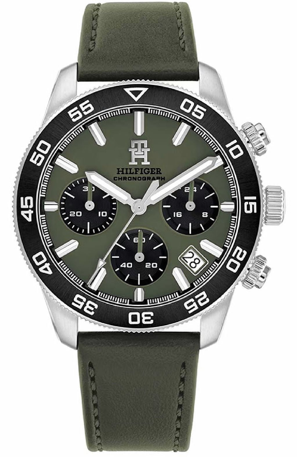 Tommy Hilfiger 1792188 watch for man with a green dial and leather strap.