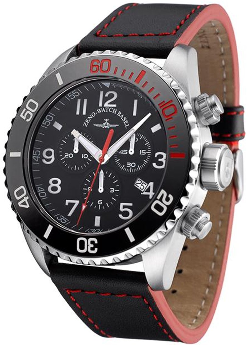 Zeno 6492_B_R watch for man with a black dial and leather strap.