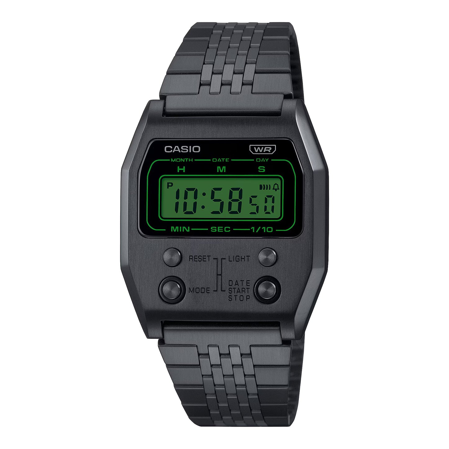 Casio A1100B-1EF watch for women with a green dial and stainless steel strap.