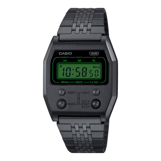 Casio A1100B-1EF watch for women with a green dial and stainless steel strap.