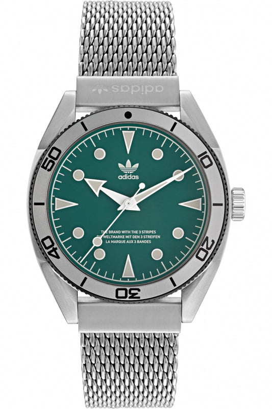 Adidas AOFH22005 watch for women with a green dial and stainless steel strap.