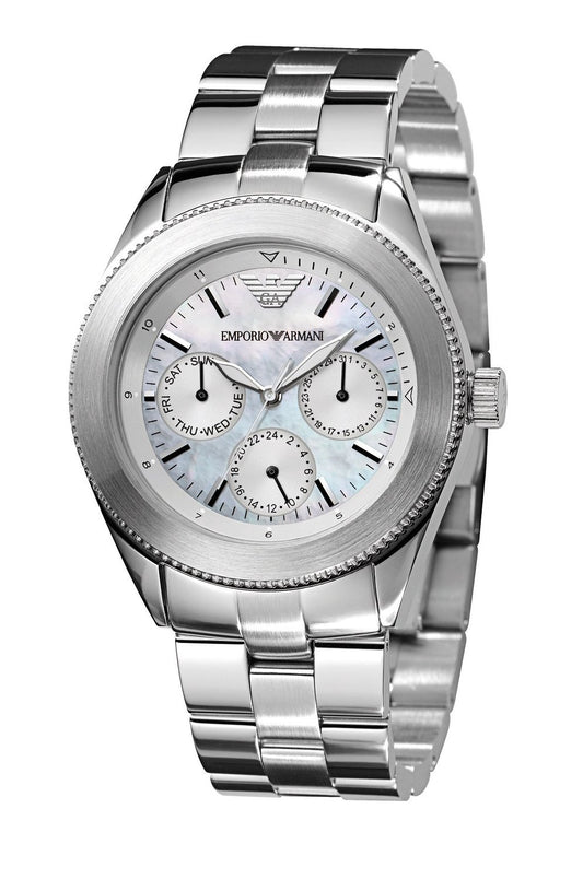 Armani AR0709 watch for women with a silver dial and steel strap.