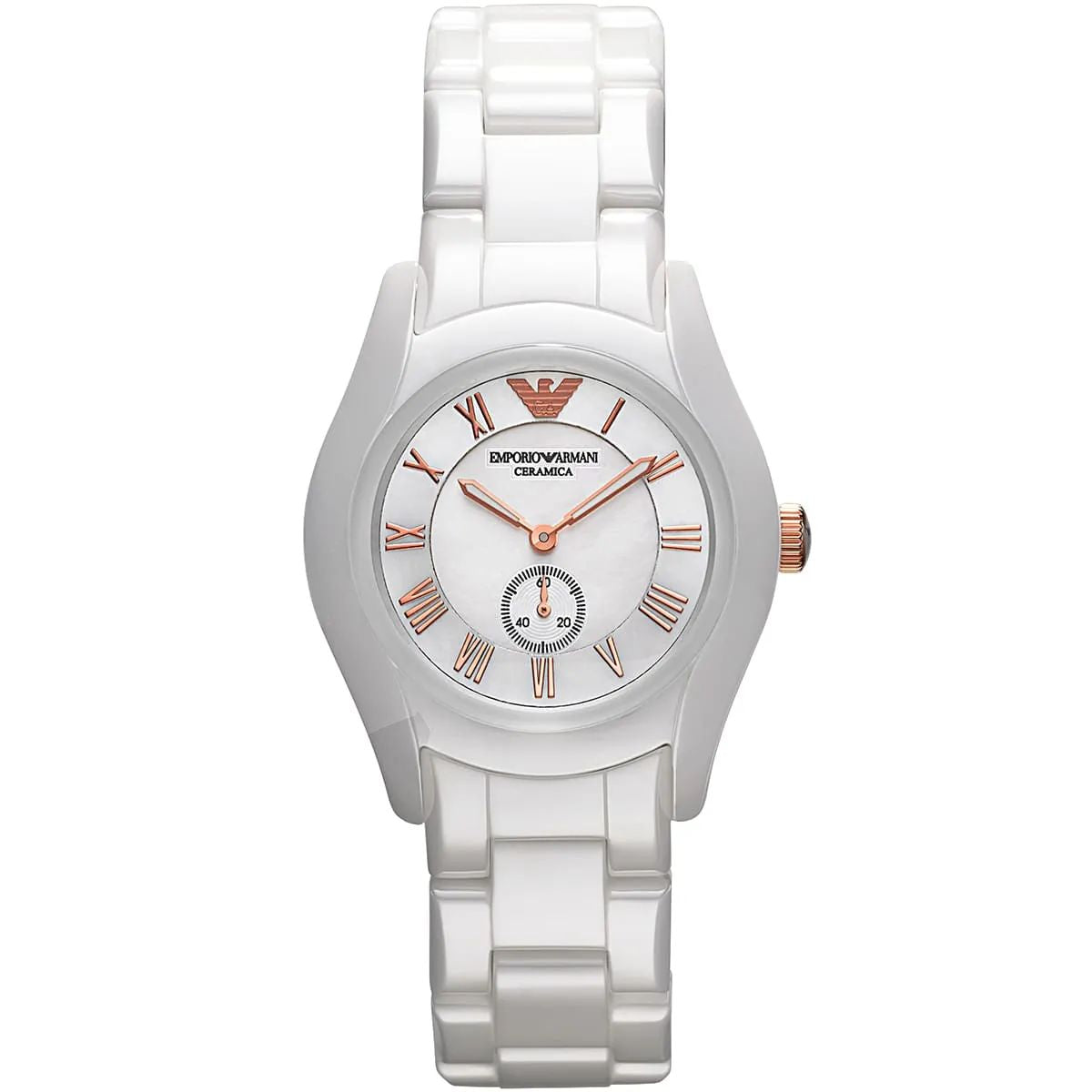 Armani AR1418 watch for woman with a white dial and ceramics strap.