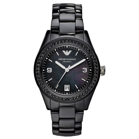 Armani AR1423 watch for woman with a black dial and black strap.
