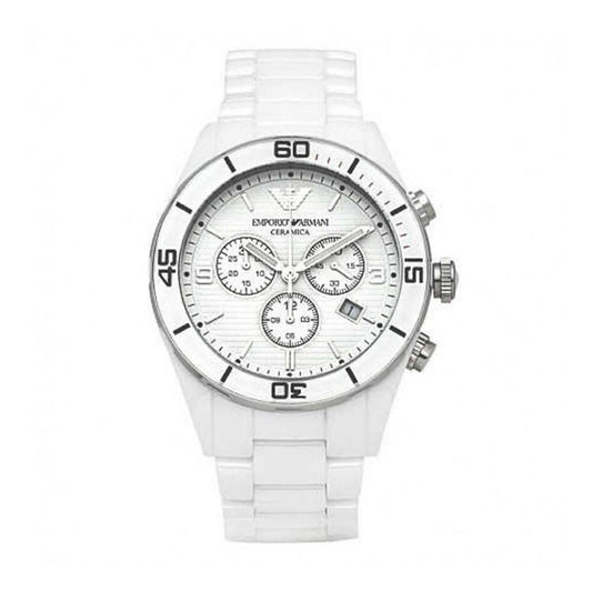 Armani AR1424 watch for man with a white dial and ceramics strap.