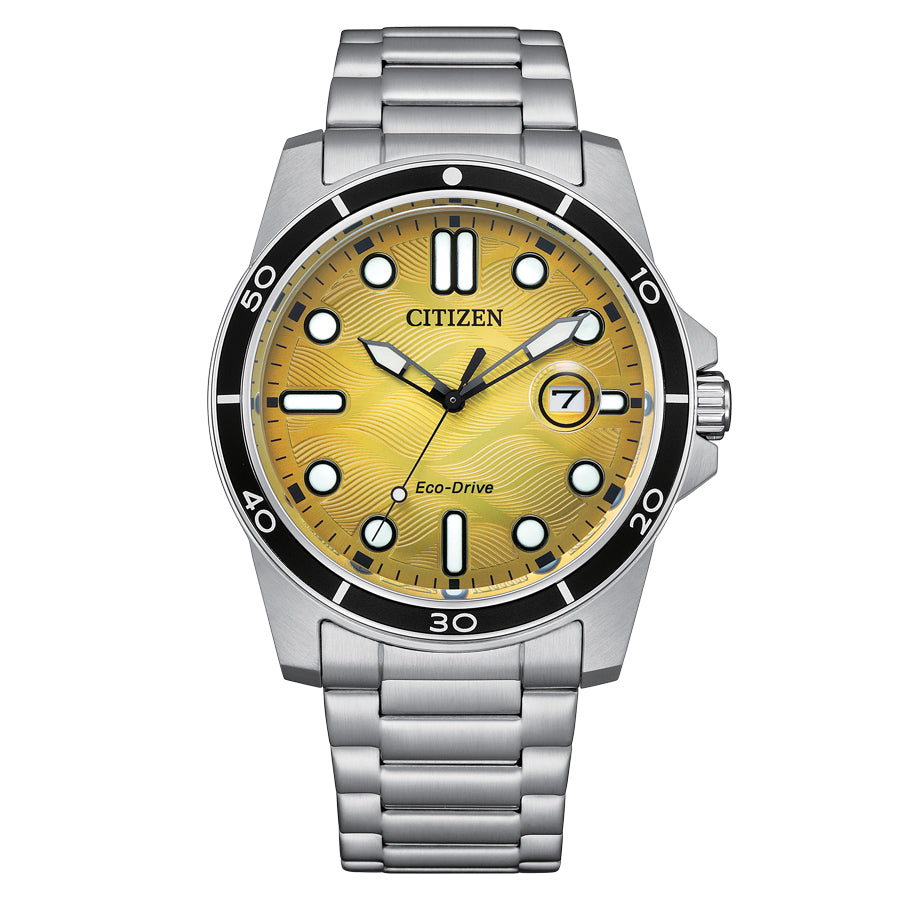 Citizen AW1816-89X watch for man with a yellow dial and stainless steel strap.