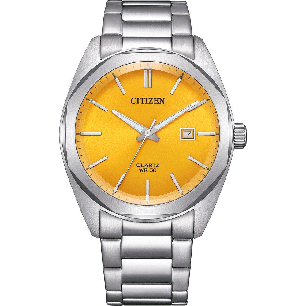 Citizen BI5110-54Z watch for man with a yellow dial and stainless steel strap.