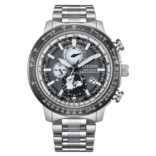 Citizen BY3006-53H watch for man with a black dial and stainless steel strap.
