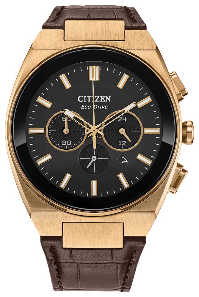 Citizen CA4583-01E watch for man with a black dial and leather strap.