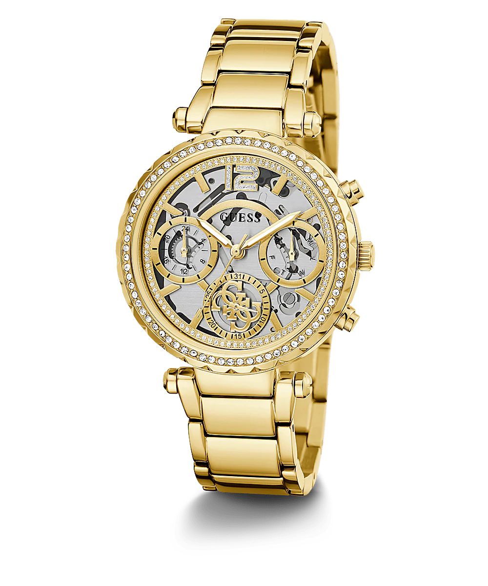 Guess GW0403L2 watch for women with a golden dial and stainless steel strap.