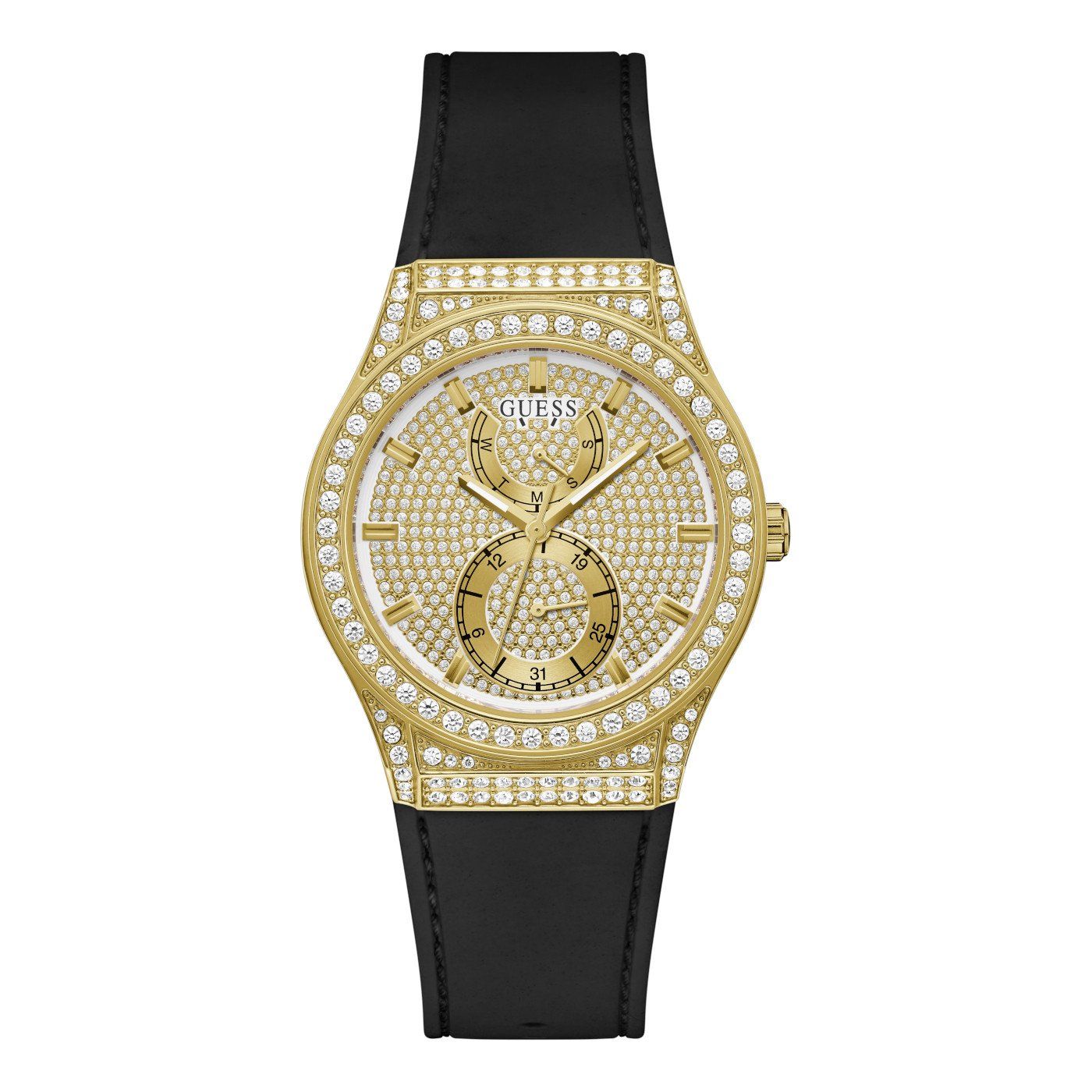 Guess GW0439L2 watch for women with a golden dial and silicone strap.