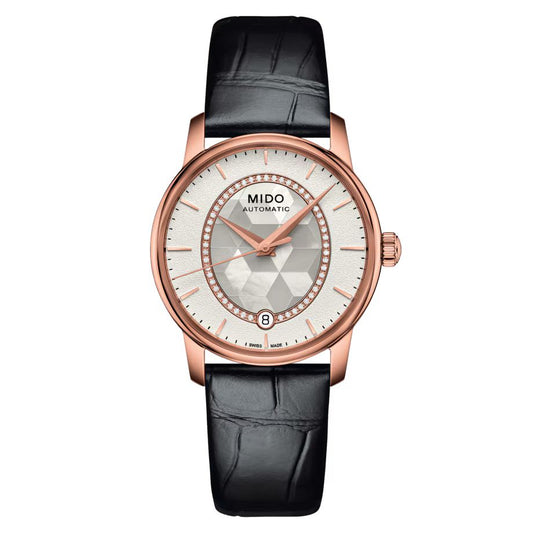 Mido M0072073611600 watch for woman with a white dial and leather strap.