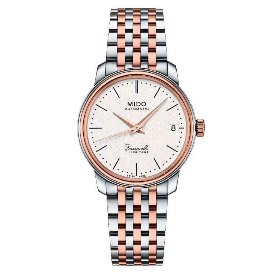 Mido M0272072201000 watch for woman with a white dial and stainless steel strap.