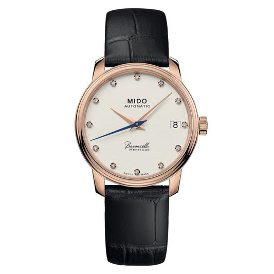 Mido M0272073626600 watch for woman with a white dial and leather strap.