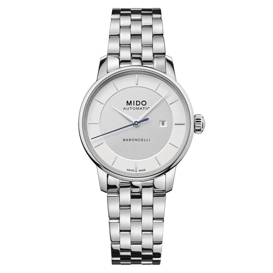 Mido M0372071103100 watch for woman with a white dial and stainless steel strap.